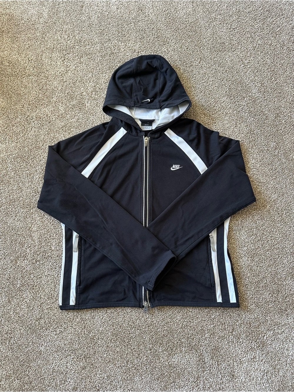 Vintage Y2K Black Nike Zip-up Hoodie With White Stripes